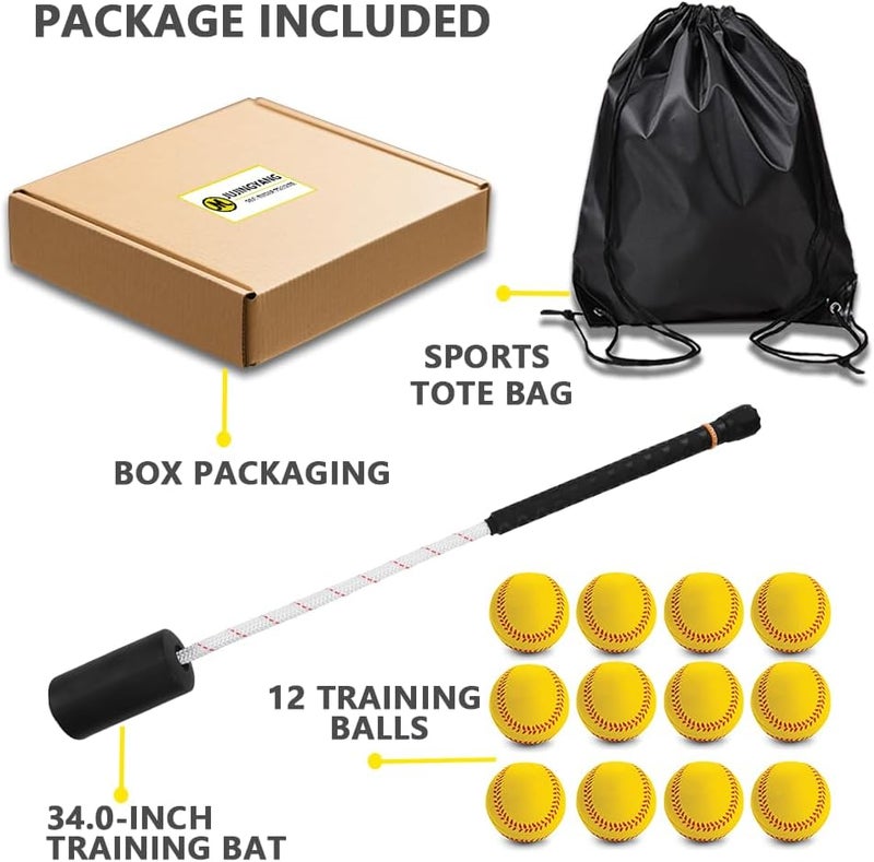 JUJINGYANG Baseball & Softball Swing Trainer Bat - Batting Practice Equipment - Includes Rope Swing Training Bat with 12 Training Balls & Tote Bag, Training Tool, Batting Aid - Image 2